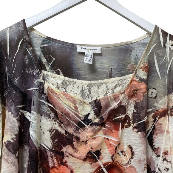 Style & Co, Womens Top Plus Size 2X Gray Red Floral 3/4 Sleeve Lace Trim - Picture 2 of 8